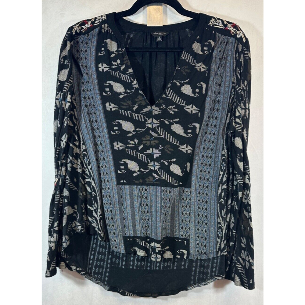 Lucky Brand V-Neck Boho Embroidered Bell Sleeve Blouse Top Black Women M/L